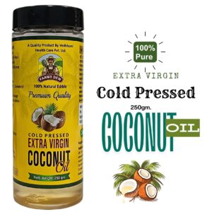 Farmsdew Extra Virgin Cold Pressed Coconut Oil 250gm. | Hair, Skin, Cooking and Baby Massage | 100% Pure Edible Natural | Wood Press Kolhu Kacchi Ghani tail | Chemical-Free