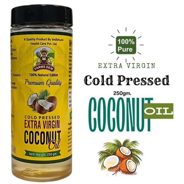 Farmsdew Extra Virgin Cold Pressed Coconut Oil 250gm. | Hair, Skin, Cooking and Baby Massage | 100% Pure Edible Natural | Wood Press Kolhu Kacchi Ghani tail | Chemical-Free