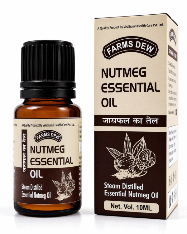 Farms Dew Nutmeg Essential Oil | Pure Steam Distilled Jaiphal Oil. Steam distilled jaiphal ka tel by Vedbhumi Health Care for aromatherapy, pain relief, and skin care.
